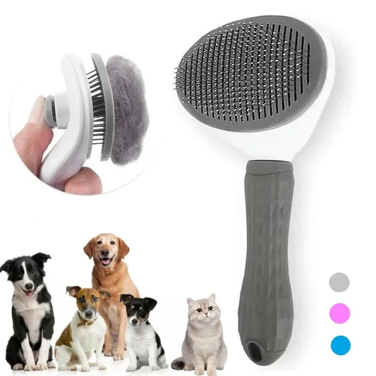 Self-cleaning pet grooming brush with stainless steel pins shown with dogs and a cat