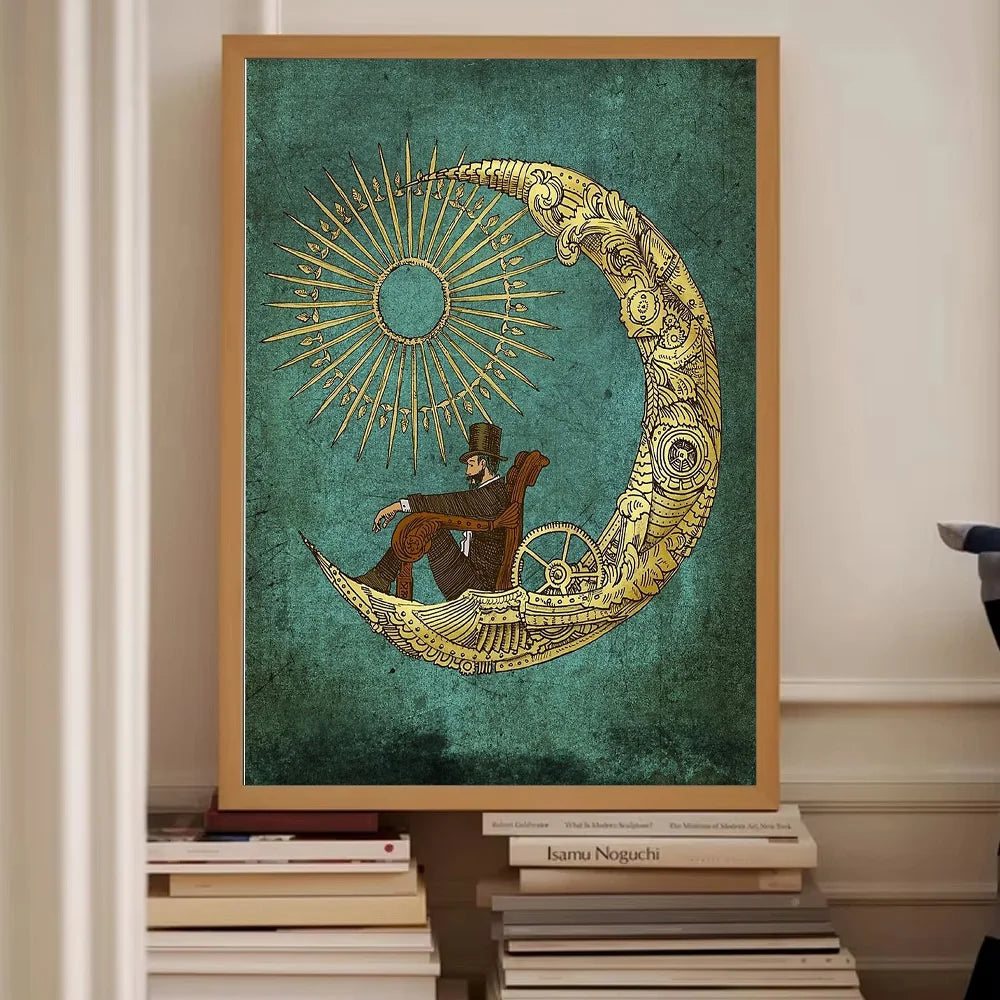 Framed artwork of a person sitting on a crescent moon with sun design, on a textured green background.