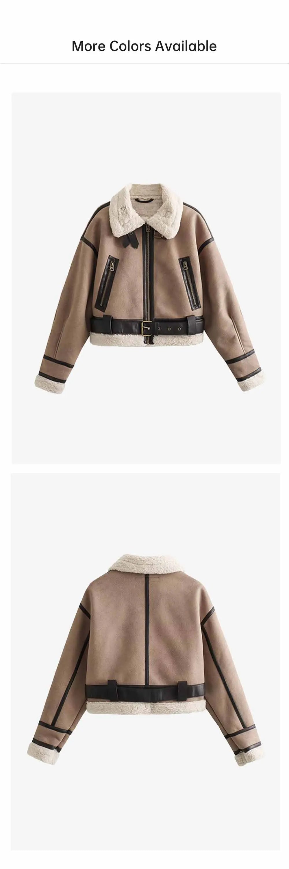 Women’s faux shearling aviator jackets with fur collar and belt detail in beige and dark brown, short winter coat style