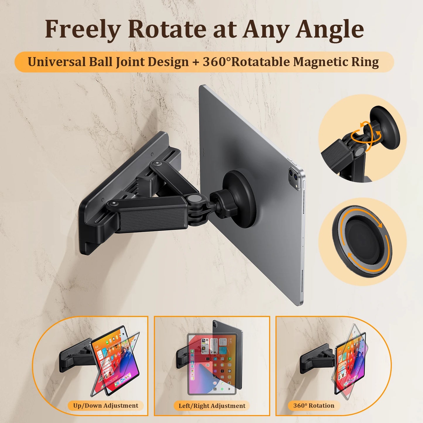 Magnetic tablet wall mount holder with adjustable arm and 360 degree rotation holding a tablet indoors