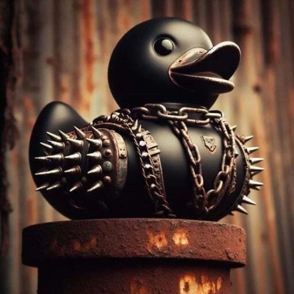 Black duck figurine with chains and spikes on a rusted metal background