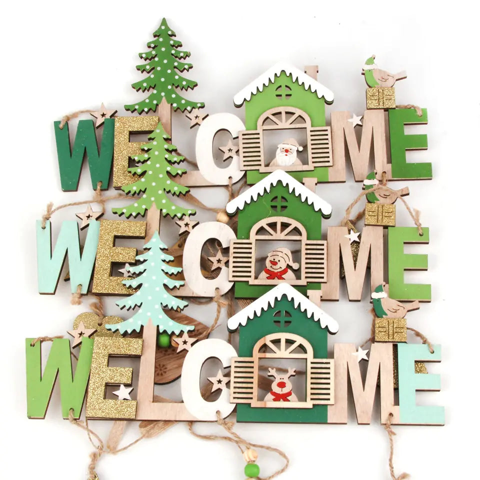 Decorative wooden letters spelling 'Welcome' with Christmas-themed elements on a white background.