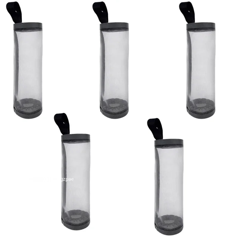 Set of five transparent water bottles with black lids on a white background