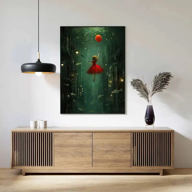 Framed artwork of a woman in a red dress underwater with a fish, displayed above a wooden cabinet.