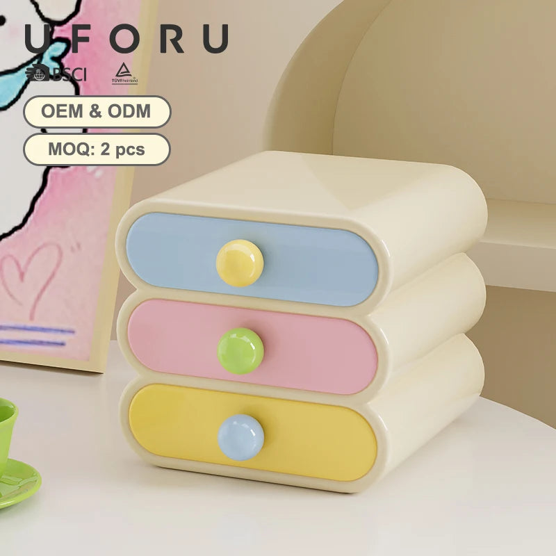 Colorful drawer set with pastel-colored drawers on a white surface, branded 'UFORU'.