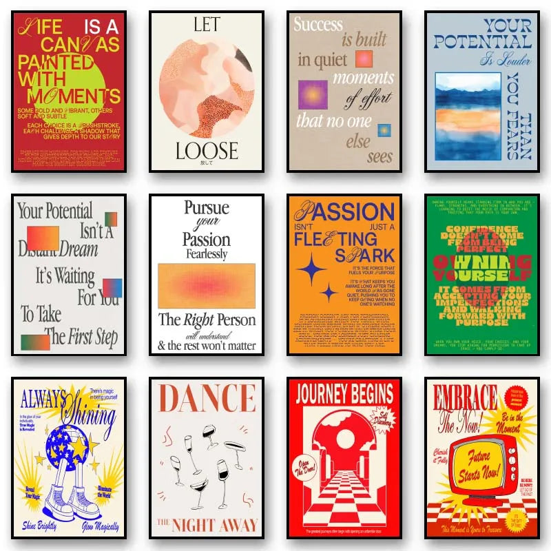 Collection of motivational posters with various messages and designs.