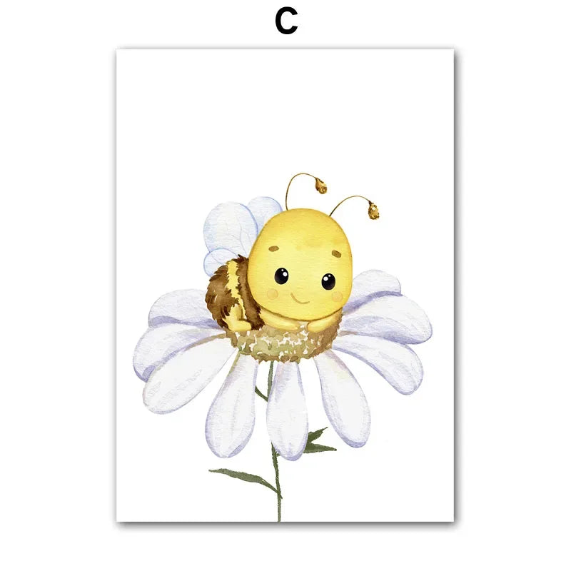 Cartoon bee on a white flower with a white background