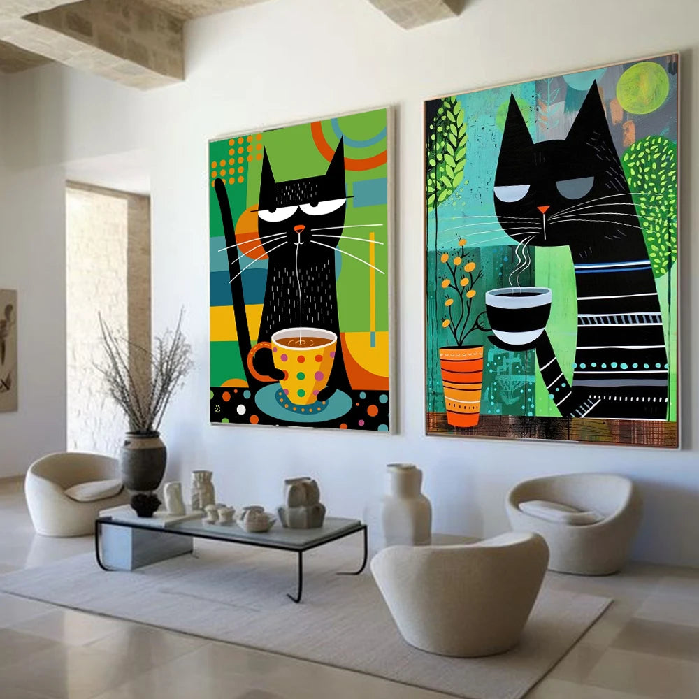 Living room with two colorful cat paintings on the wall.
