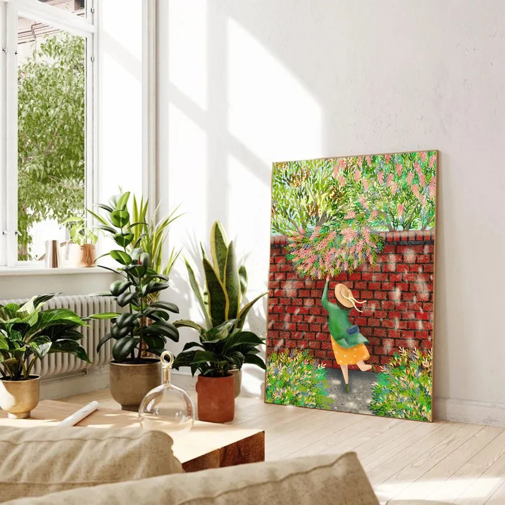 Colorful painting of a woman in a garden on a wall in a bright living room with plants.