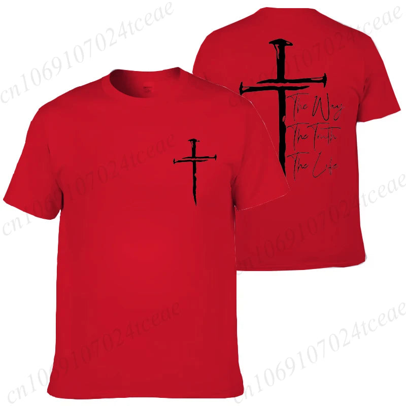 Red t-shirt with black cross design on front and back