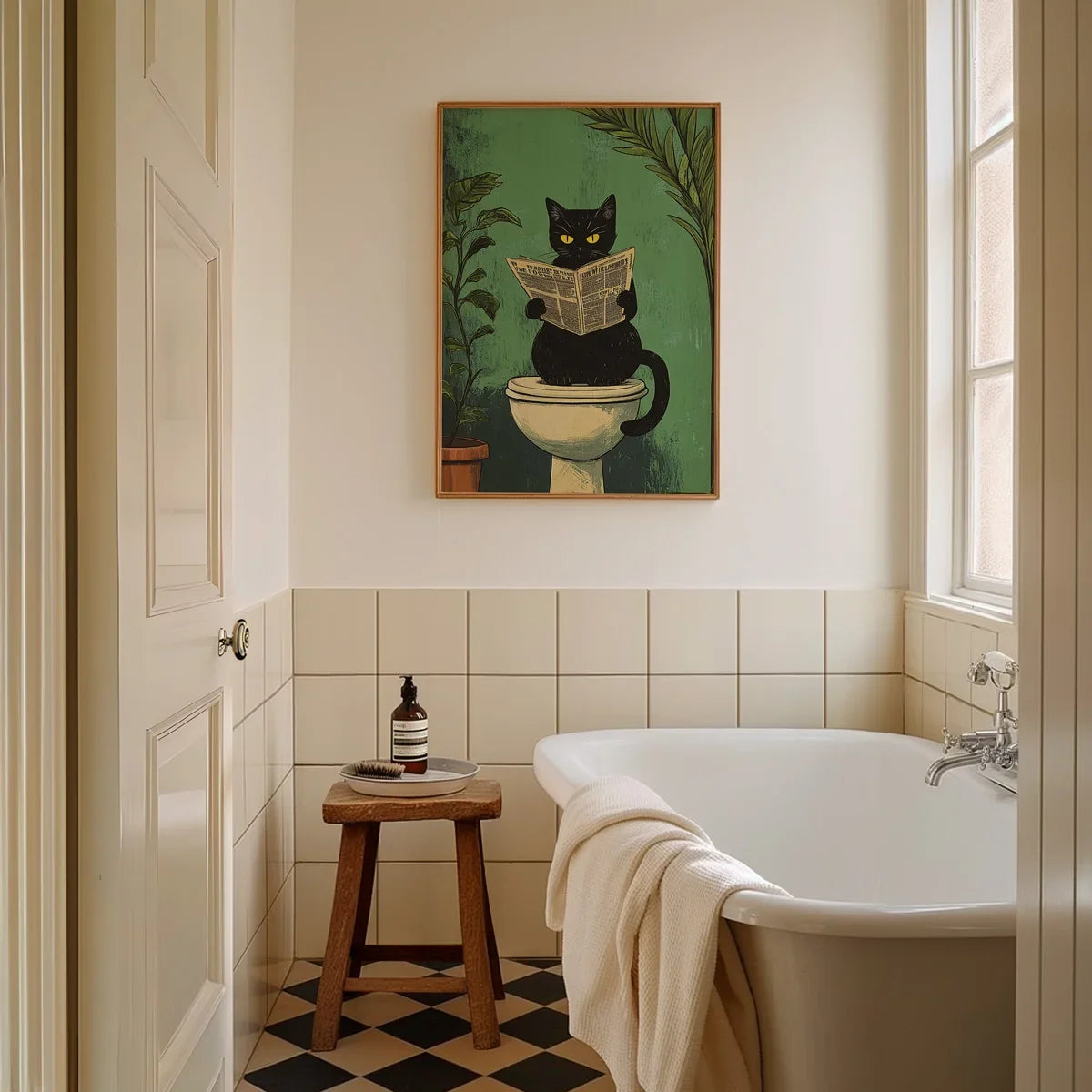 Bathroom with a bathtub, stool, and framed picture of a cat on a toilet.