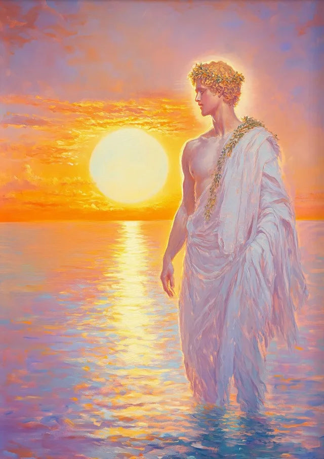 Figure in a toga standing in water with a sunset or sunrise in the background