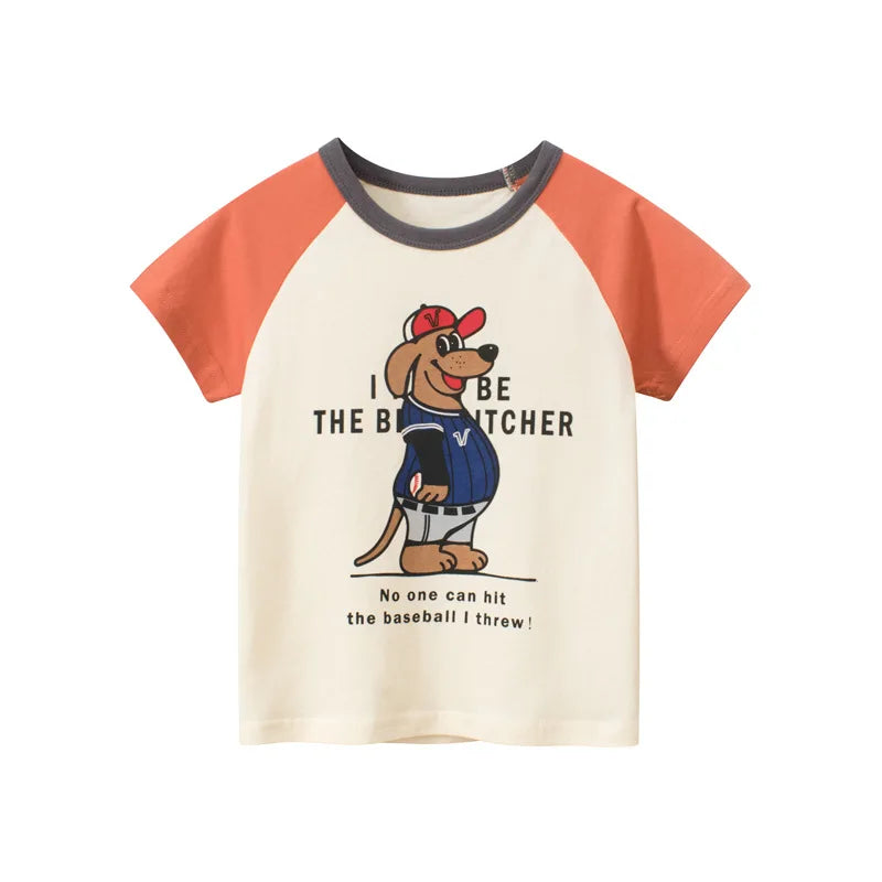 Children's t-shirt with a cartoon dog in a baseball uniform on a white background