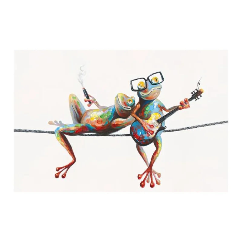 Colorful illustration of two frogs playing guitar on a white background