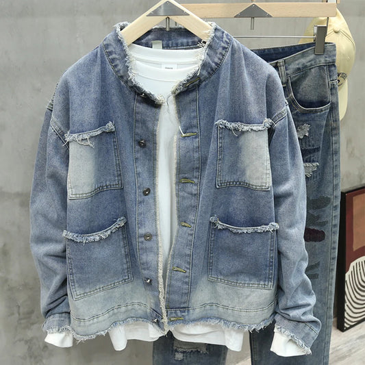Men’s Fringed Denim Jacket – Casual Loose Fit with Pocket Detail