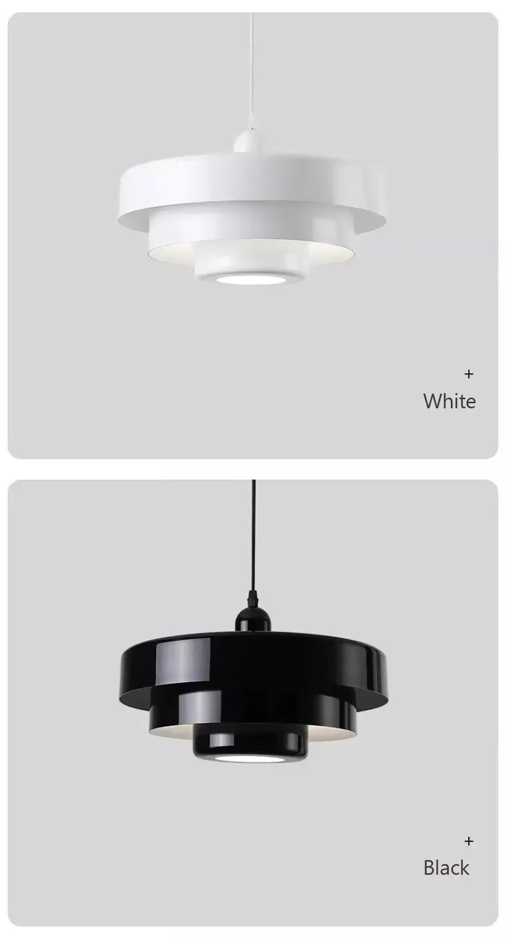 Two pendant lights, one white and one black, on a light gray background.
