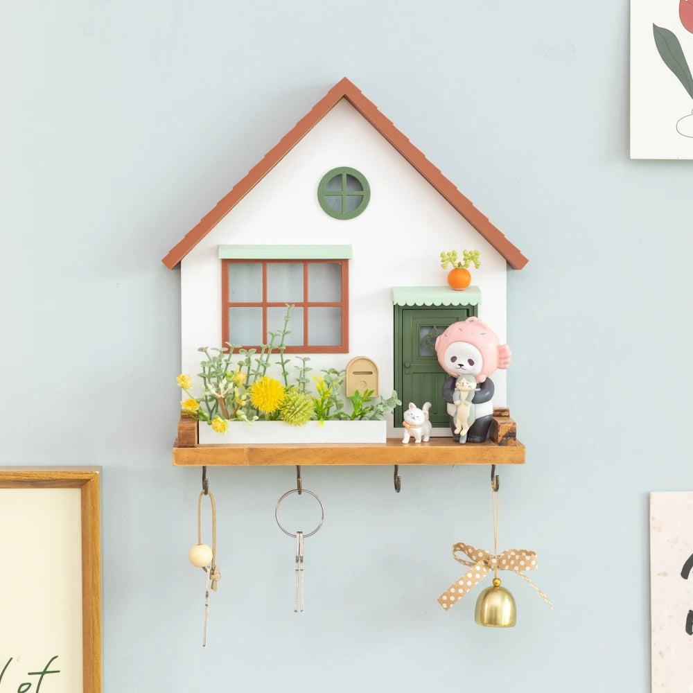 Cute Wooden House Key Hook Shelf – Decorative Wall Storage