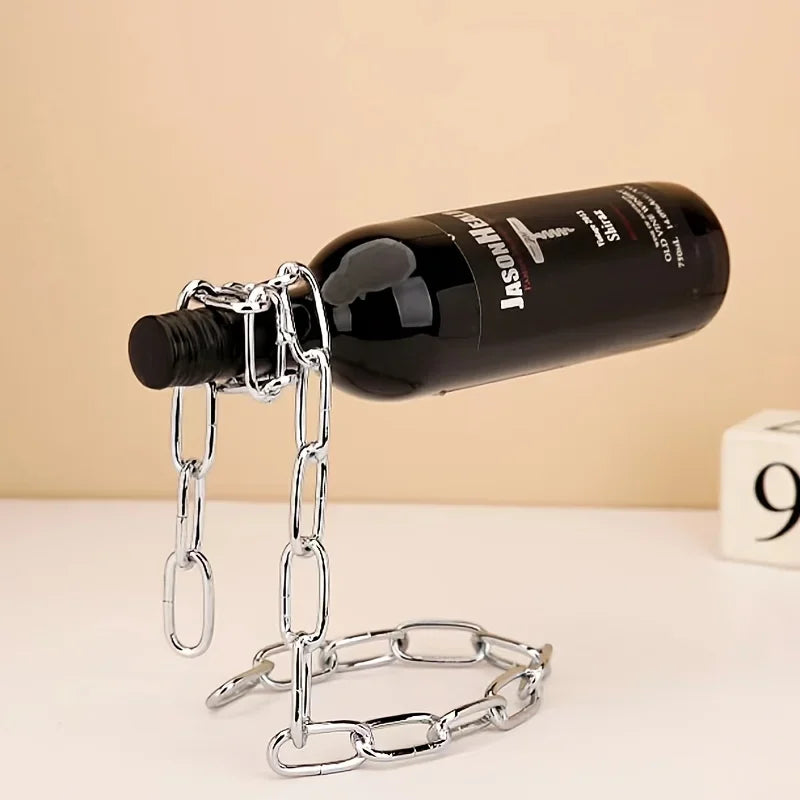 Floatingmetal chain wine bottle holder illusion stand with suspended wine bottle modern bar decor