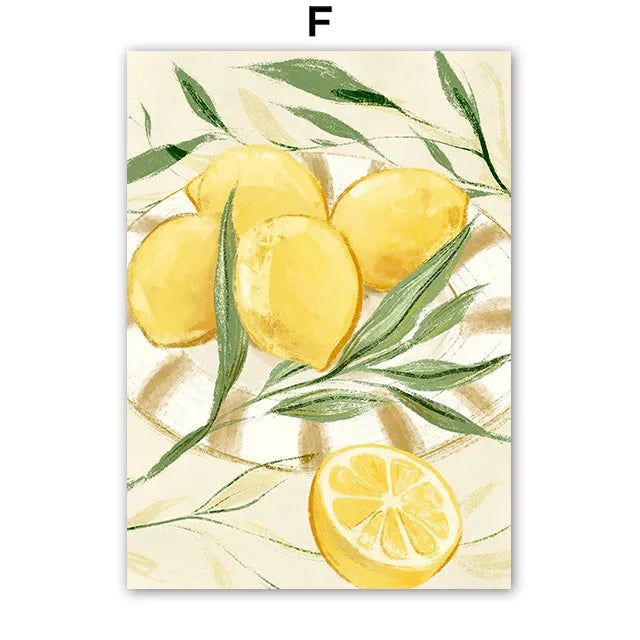 Decorative Poster with lemons and green leaves on a beige background