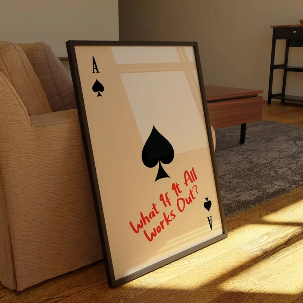 Framed playing card with spade symbol and text in a room setting