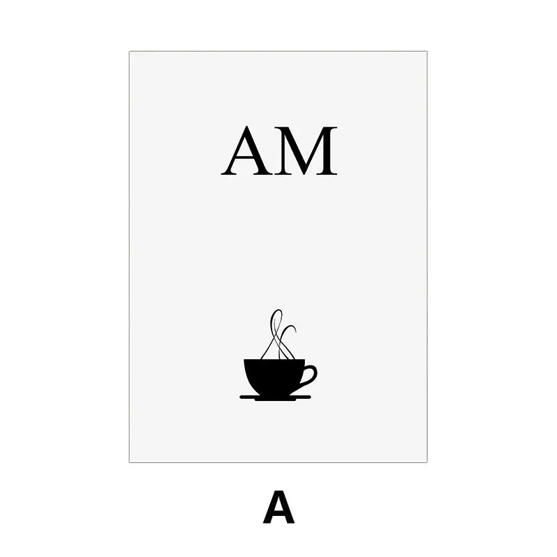 Black coffee cup icon with steam and 'AM' text on a white background