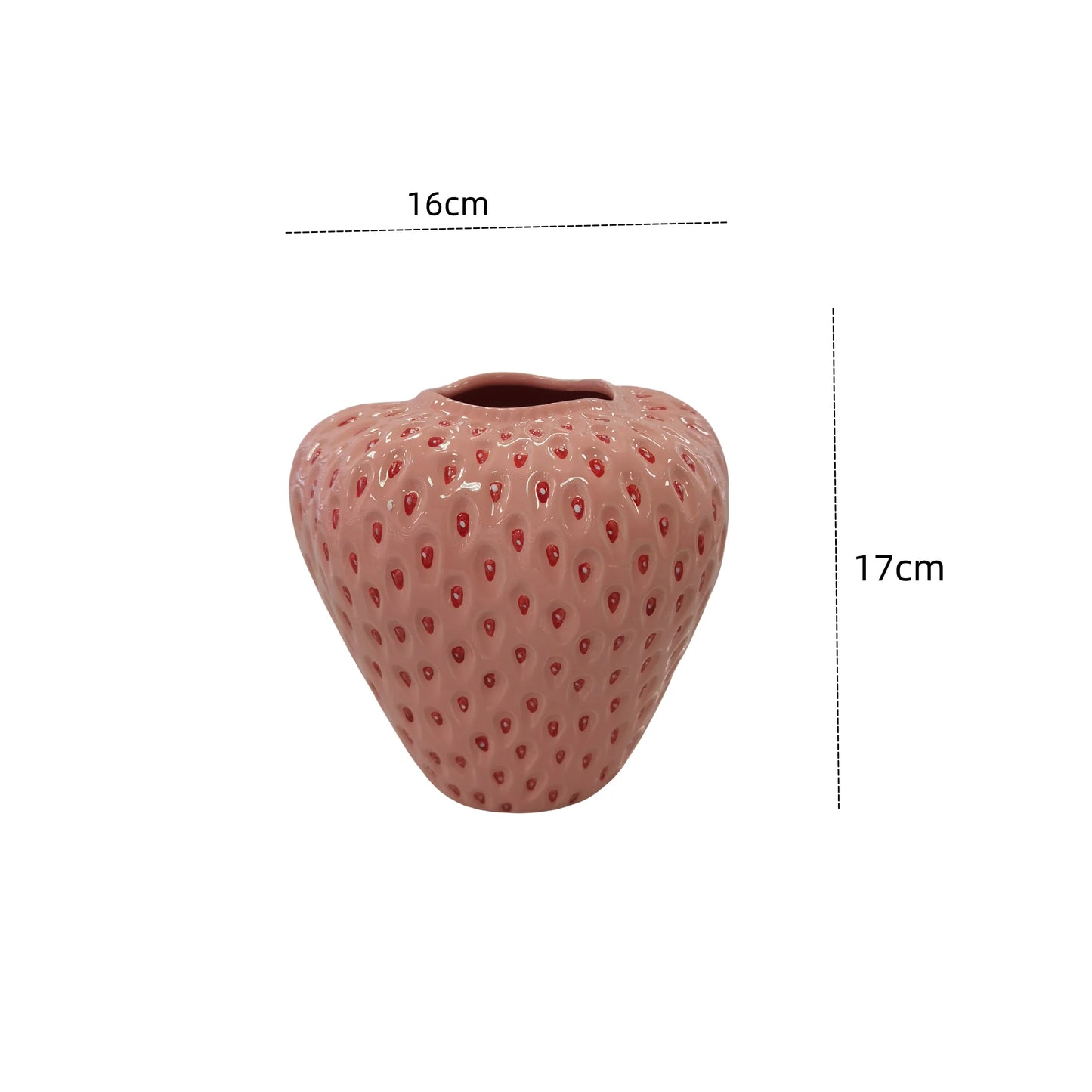 Pink strawberry-shaped vase with measurements on a white background