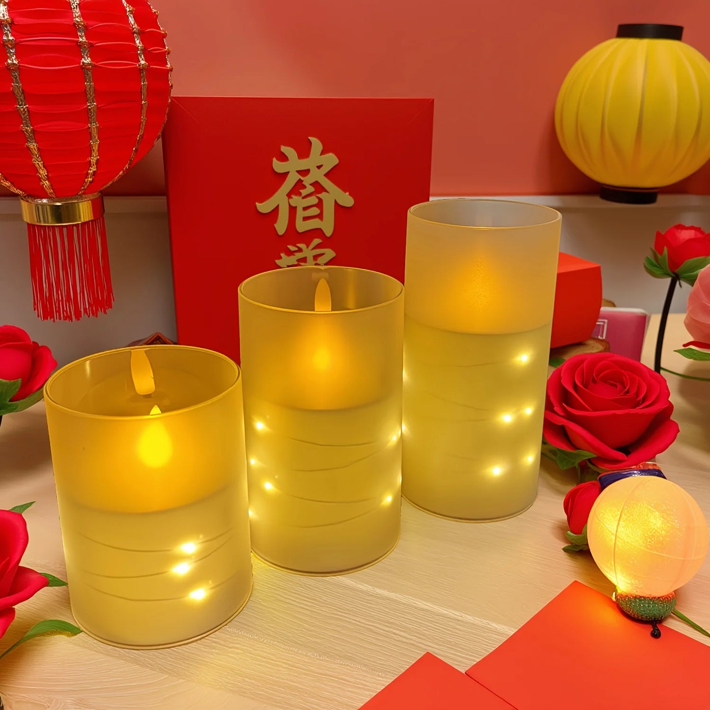 Three yellow candles with LED lights on a table with red lanterns and flowers.