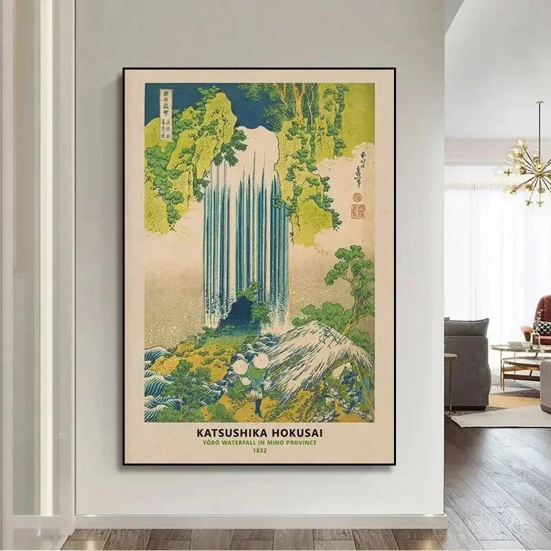 Framed artwork of a waterfall by Katsushika Hokusai in a modern living room.