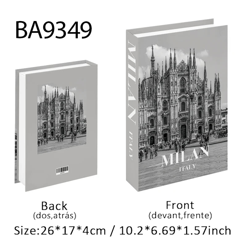 Storage Book with black and white illustration of a cathedral on the cover, labeled 'Milan Italy'.