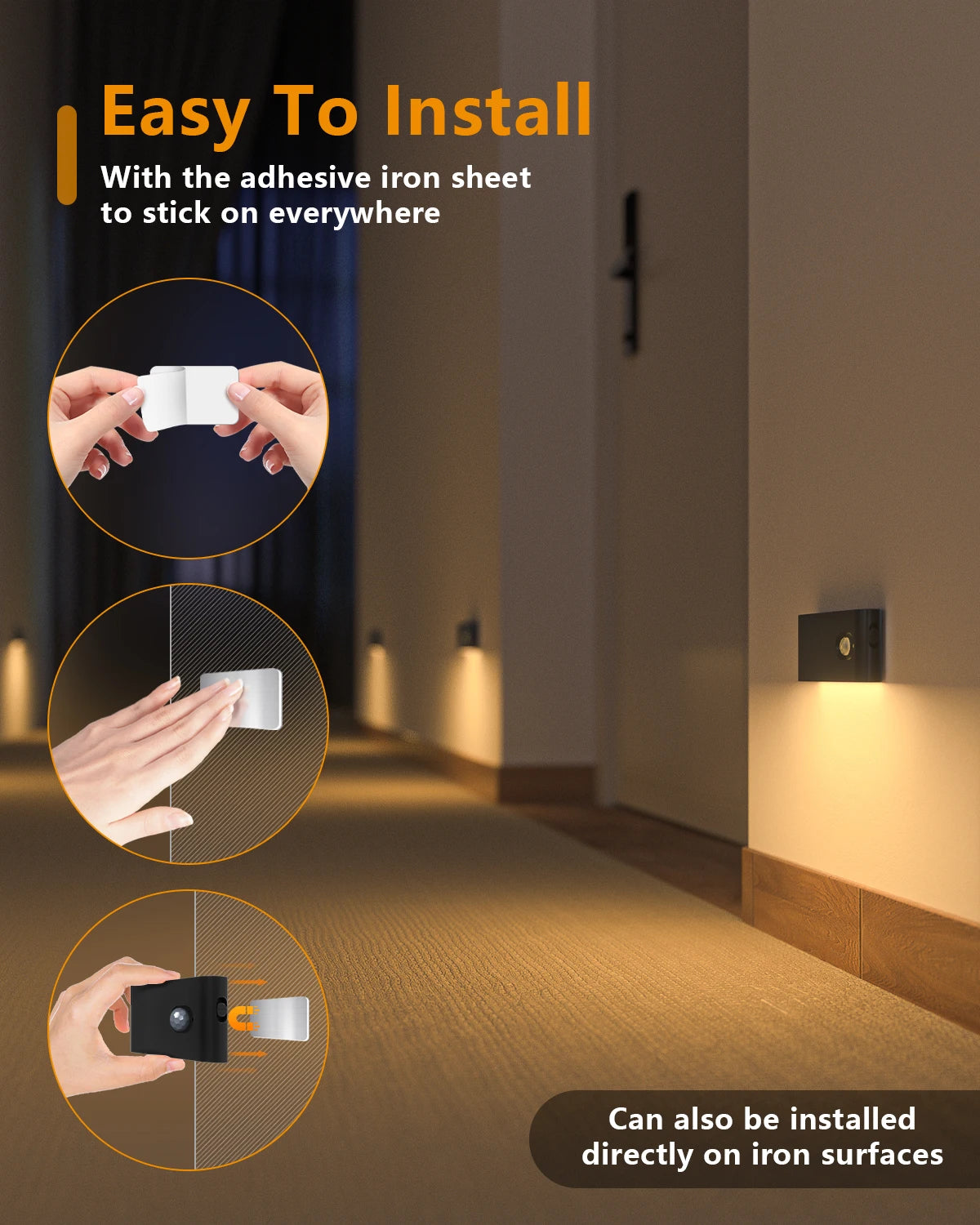 Wall-mounted light fixture installation process with adhesive iron sheet in a hallway setting.