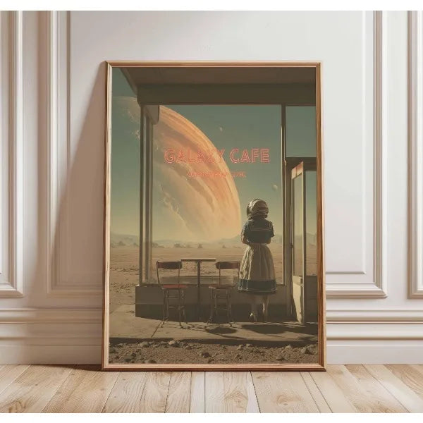 Framed artwork of a woman in a desert with a planet and 'Galaxy Cafe' sign.