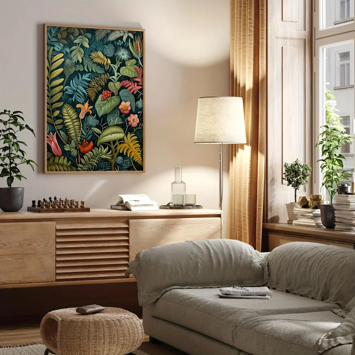 Modern living room with a sofa, coffee table, and a Set of three vintage botanical canvas prints featuring tropical plants, exotic flowers