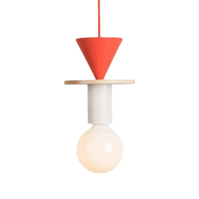 Pendant light with red shade, white base, and wooden shelf on a white background