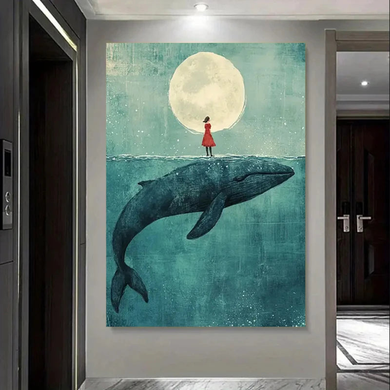 Abstract poster of a girl standing on a whale beneath the moon in a dreamy underwater scene