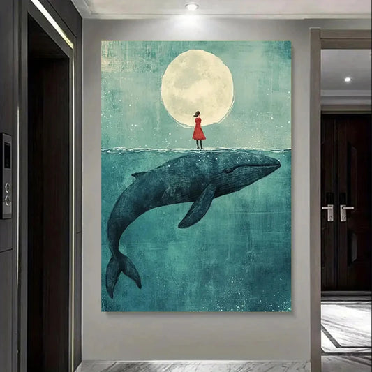 Abstract poster of a girl standing on a whale beneath the moon in a dreamy underwater scene