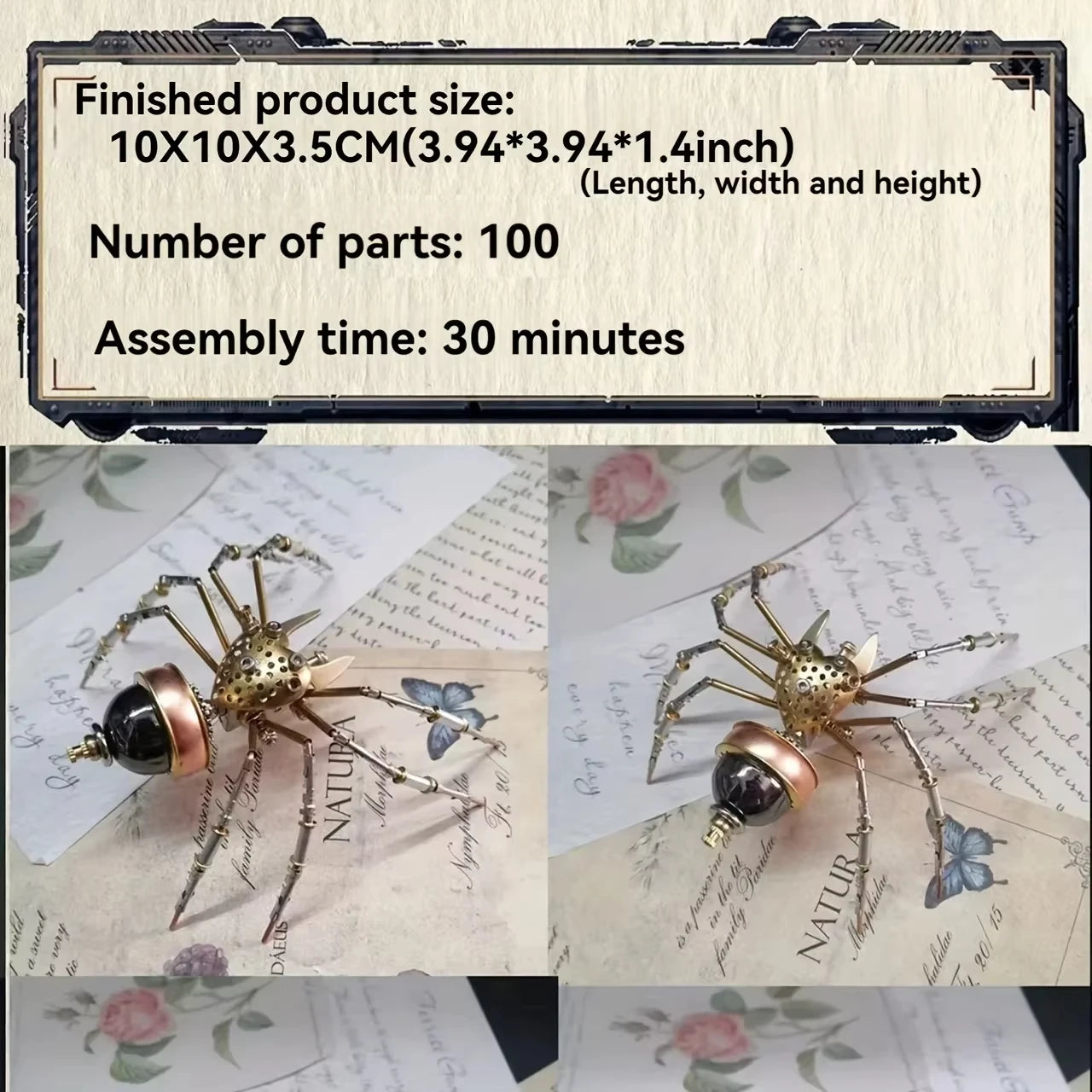 Spider-shaped model kit with assembly information on a decorative background