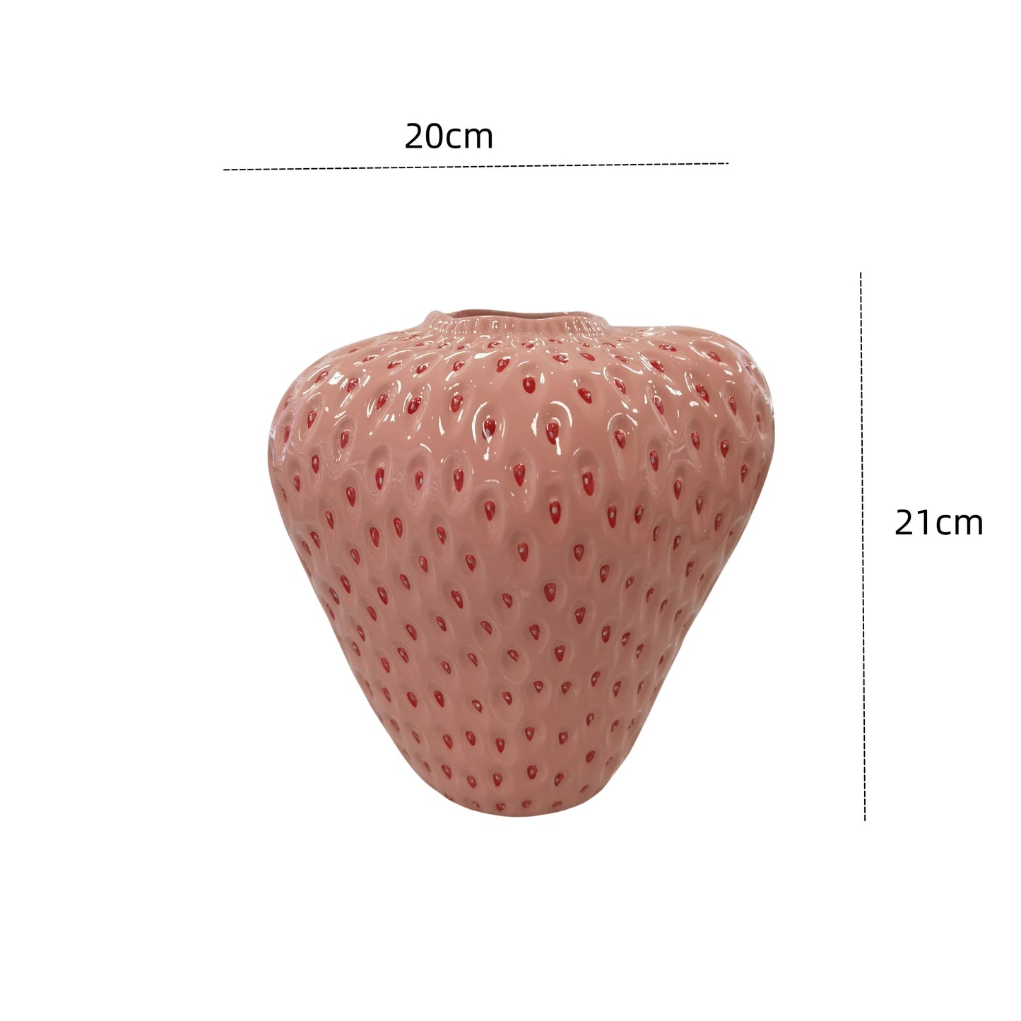 Pink textured vase with dimensions on a white background