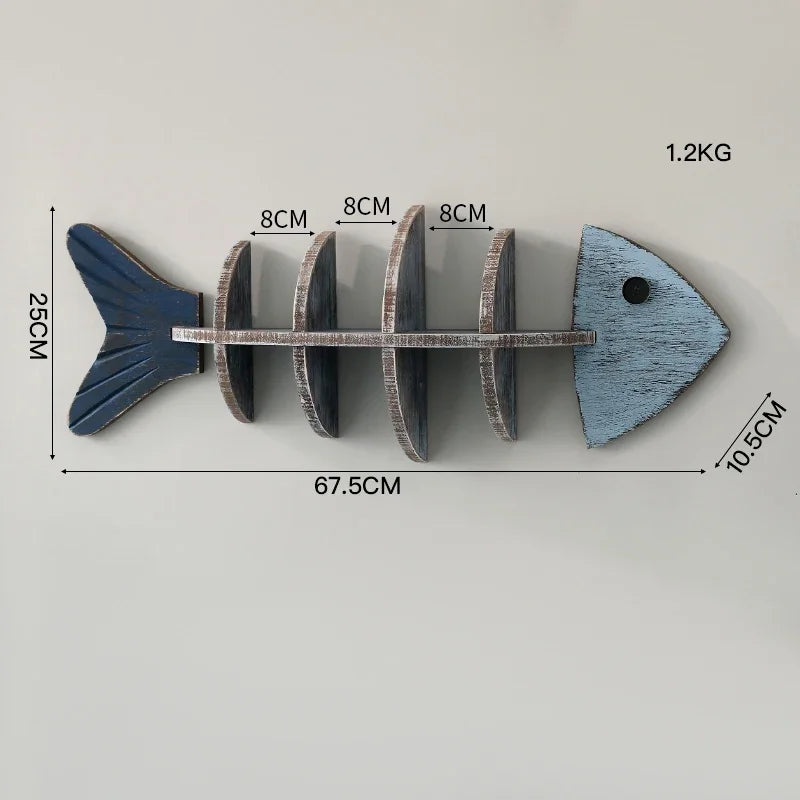 Wooden fish-shaped decorative item with measurements on a light gray background