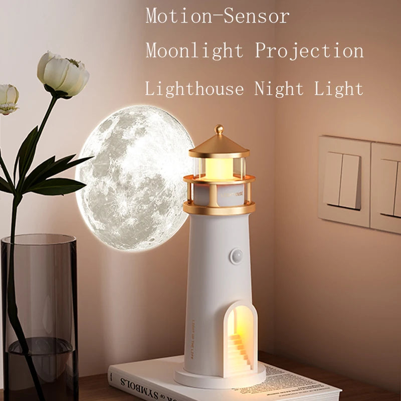 Lighthouse night light with moon projection on a table next to a vase with flowers.