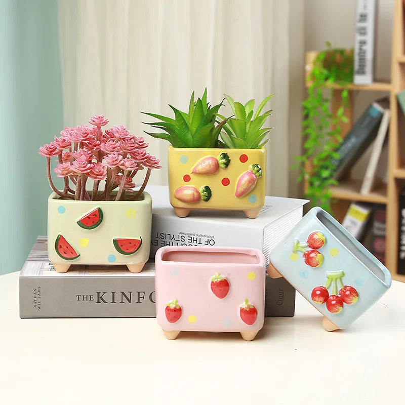 Cute ceramic fruit plant pots with strawberry and watermelon designs, small decorative succulent planters for indoor use