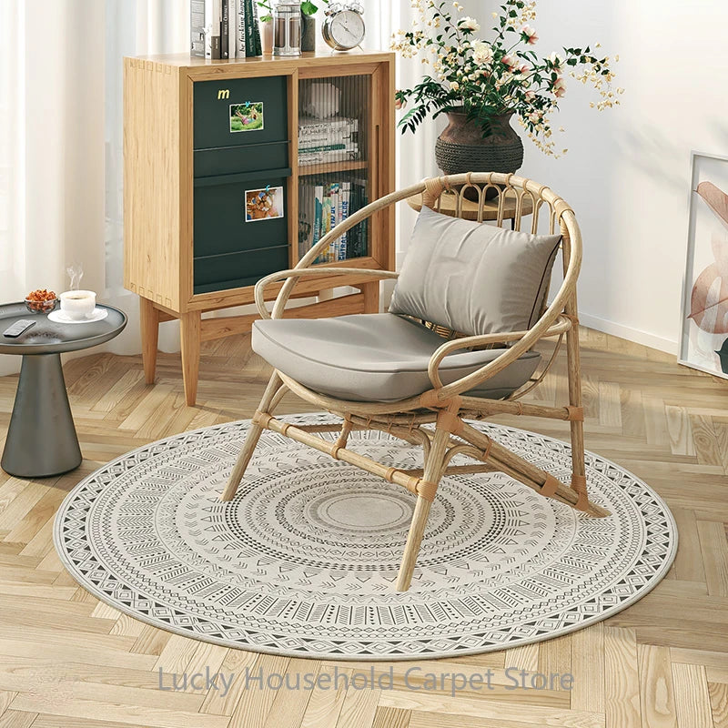 Rattan chair with gray cushion on a round patterned rug in a room with wooden floor and furniture.