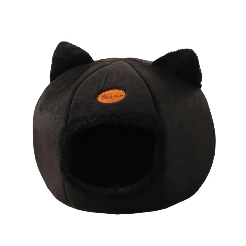 Black cat-shaped pet bed with a visible brand logo on a white background