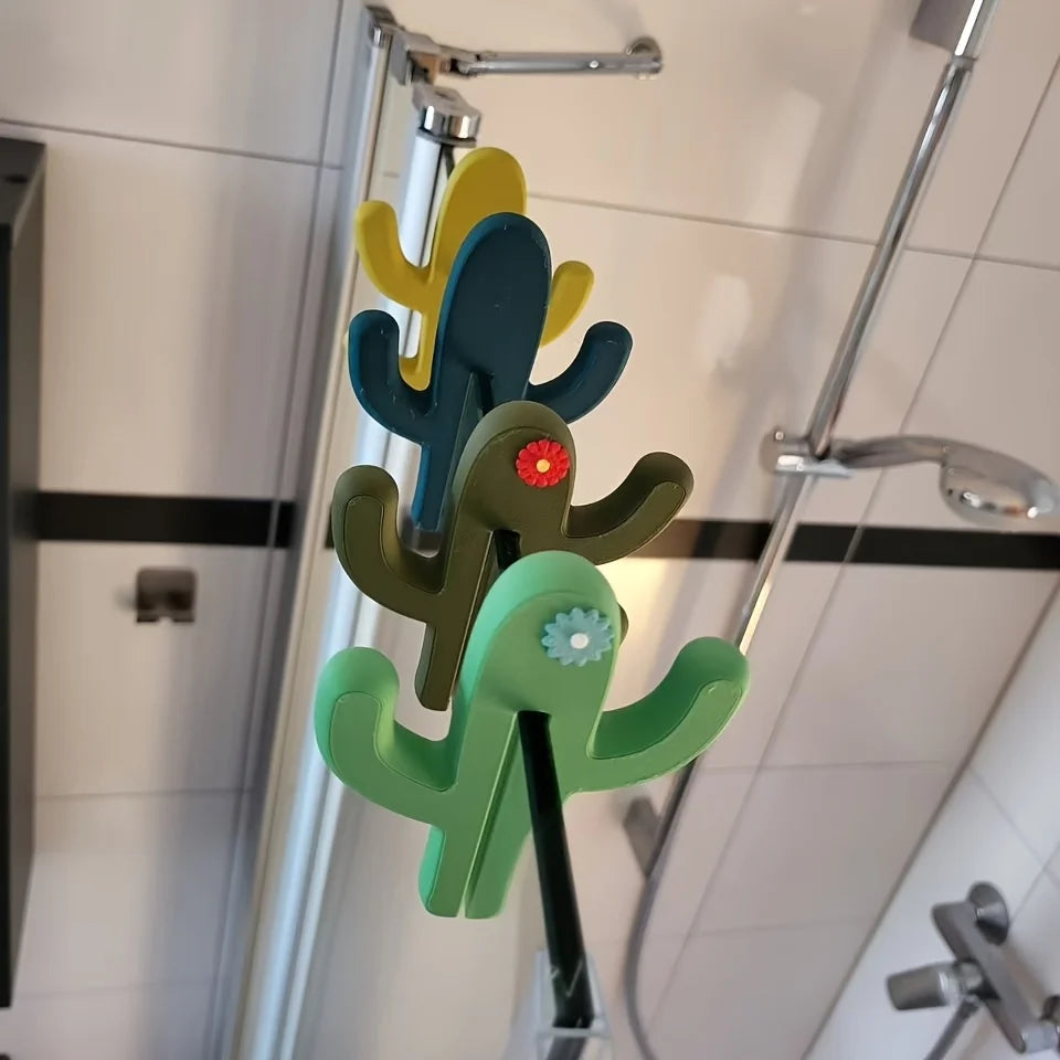 Colorful cactus-shaped shower curtain hook in a bathroom setting