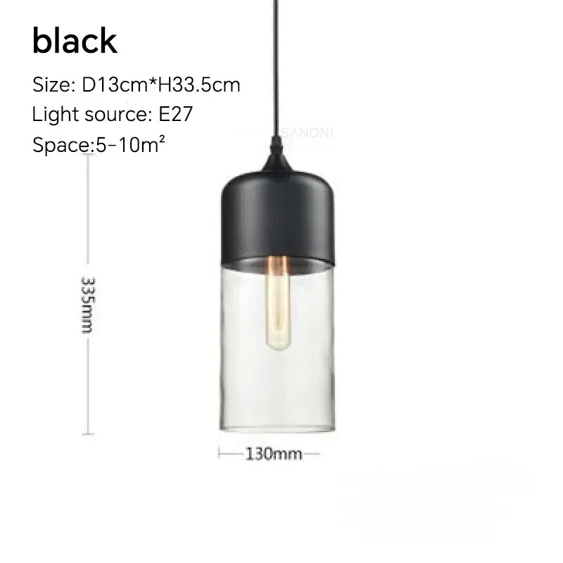 Black pendant light with clear glass shade and dimensions on a white background