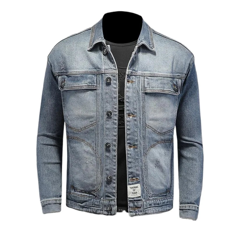 Blue denim jacket on a white background