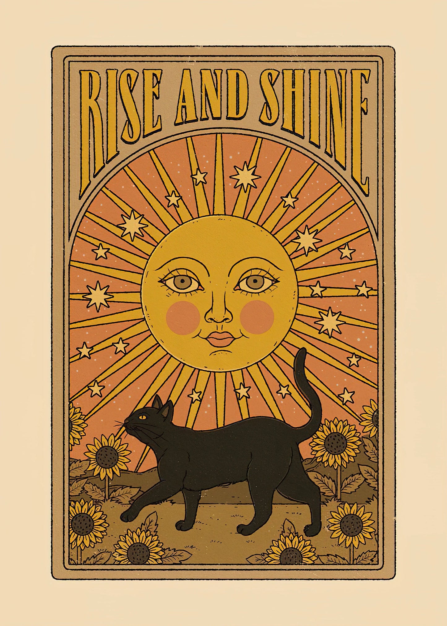 Vintage-style poster with a sun, black cat, and 'Rise and Shine' text on a beige background.