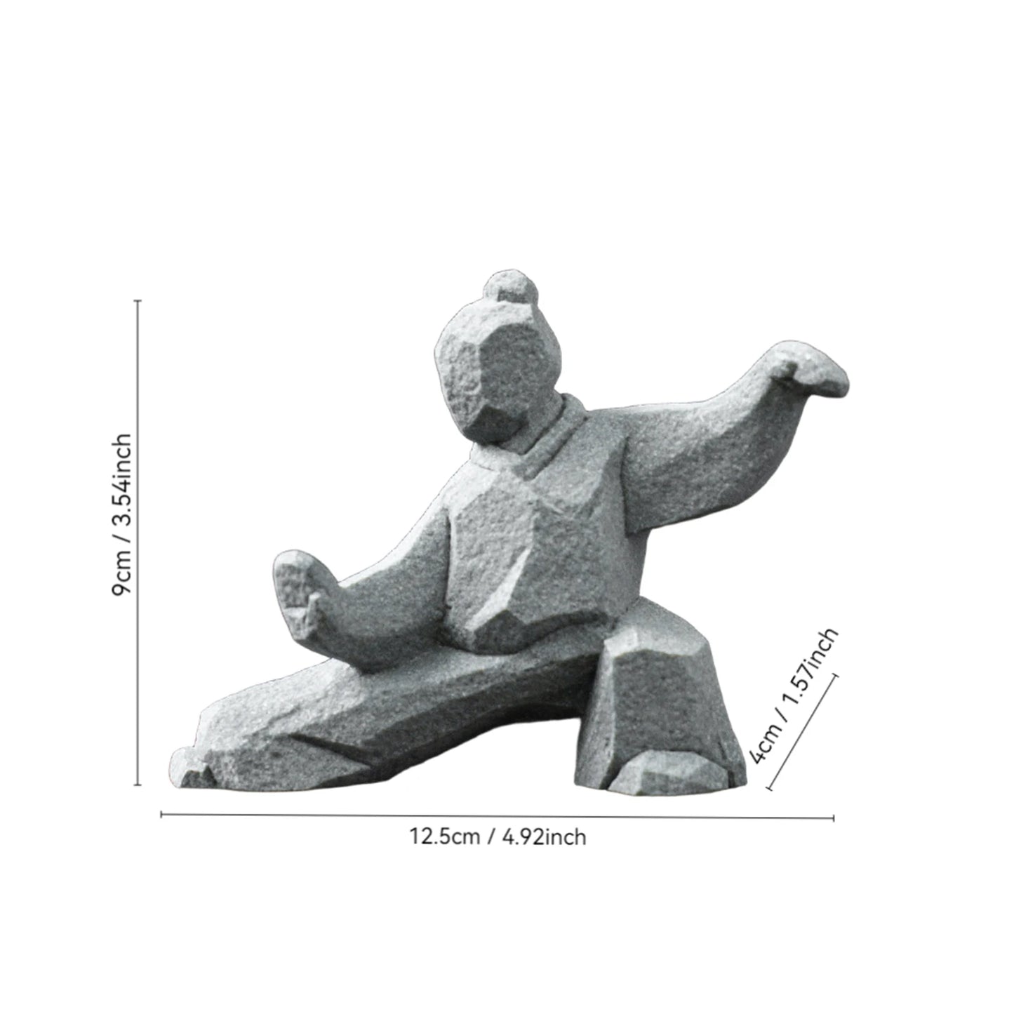 Stone sculpture of a martial artist with dimensions on a white background