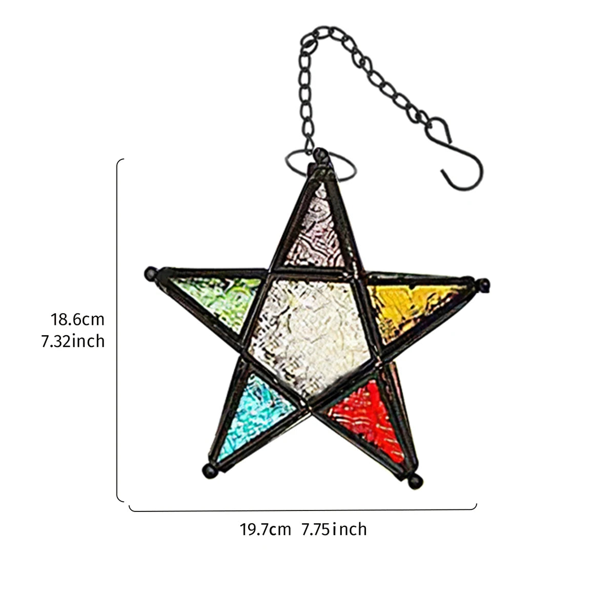 Dimensions for a multi-coloured stained glass five-point star candle holder with a black metal frame and hanging chain, designed for decorative home lighting.