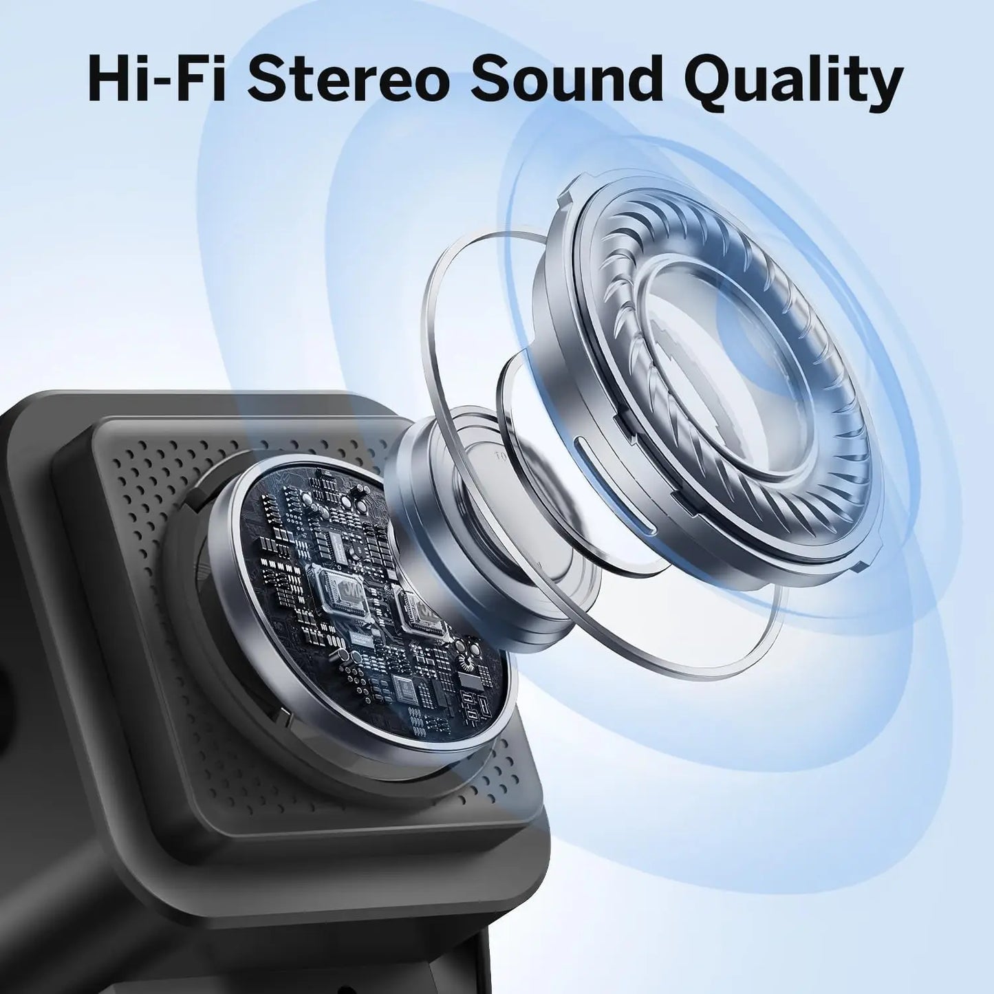 Close-up of a speaker with 'Hi-Fi Stereo Sound Quality' text on a light blue background