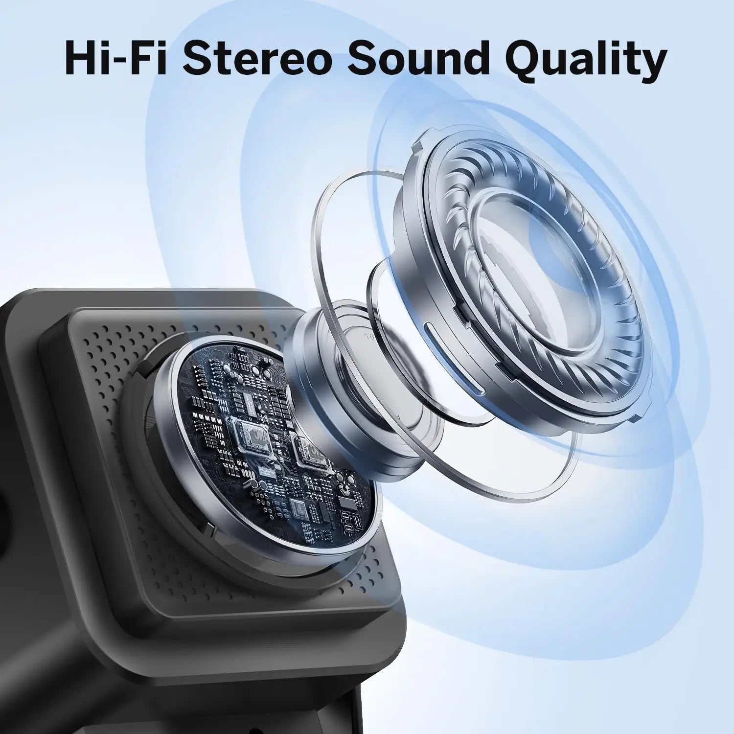 Close-up of a speaker with 'Hi-Fi Stereo Sound Quality' text on a light blue background